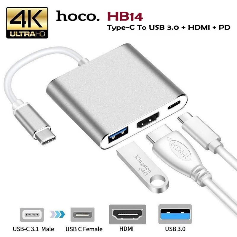 Hoco HB14 ของแท้ 100% Easy use Type-C adapter (Type-C to USB3.0+HDMI+PD)