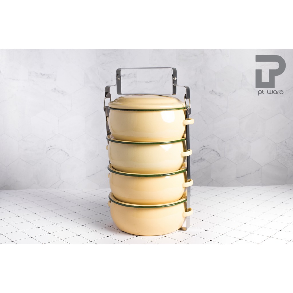 ปิ่นโต ปิ่นโตทรงโอ่ง ปิ่นโตเคลือบ ทรงบุษบา 14cm x 4ชั้น  ตรานกเพนกวิน - รูปที่ 2