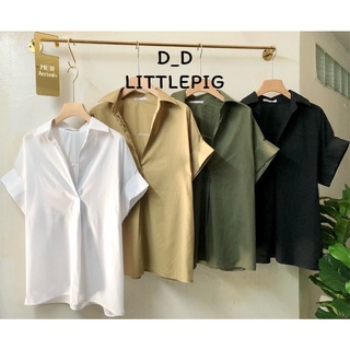 เสื้อผ้าสาวอวบ เชิ๊ตปกคอวี แขนพับในตัว เรียบหรูดูแพง