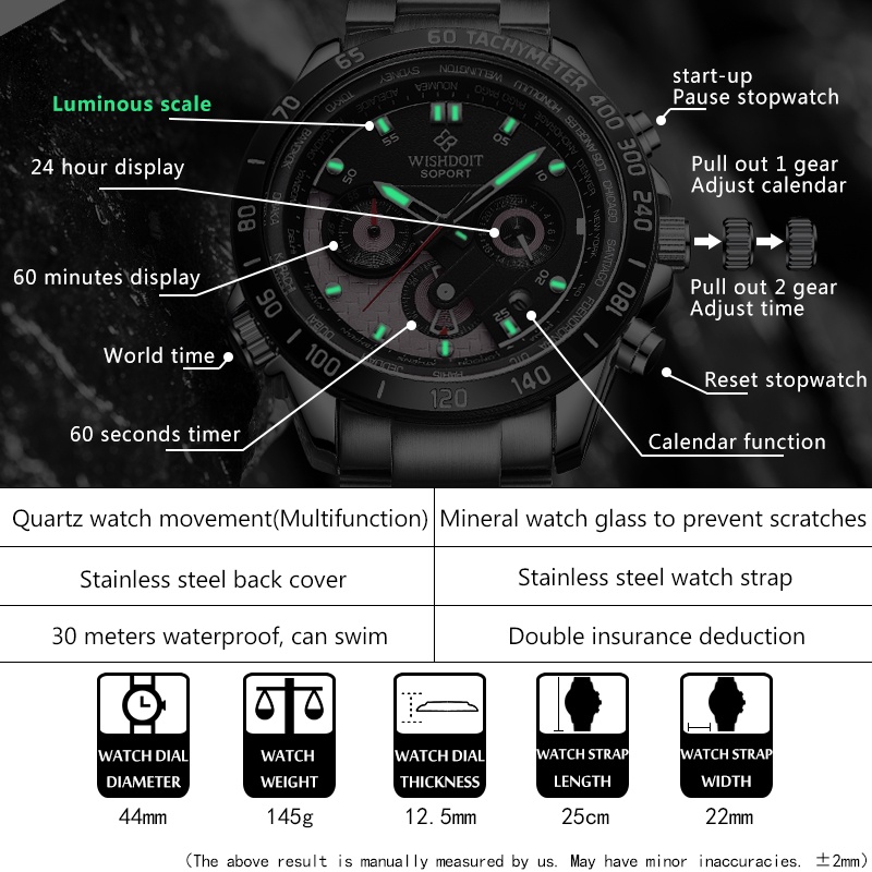 WISHDOIT Jam Tangan lelaki ผู้ชายหรูหราแท้นาฬิกากันน้ําสแตนเลสสีดํามัลติฟังก์ชั่ Chronograph กีฬา Luminous Analog นาฬิกาควอตซ์