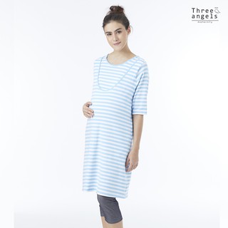 Threeangels Maternity ชุดเดรสคุณแม่ตั้งครรภ์ (แขนยาว) LIGHT BLUE STRIPE