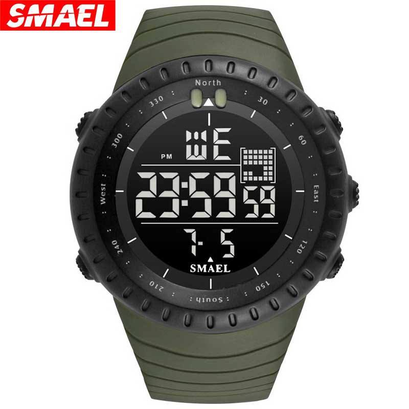 SMAEL ผู้ชายกีฬาอิเล็กทรอนิกส์อัตโนมัติวันที่นาฬิกาหน้าปัดอะคริลิดิจิตอล 50 เมตรกันน้ำดิจิตอล LED นา