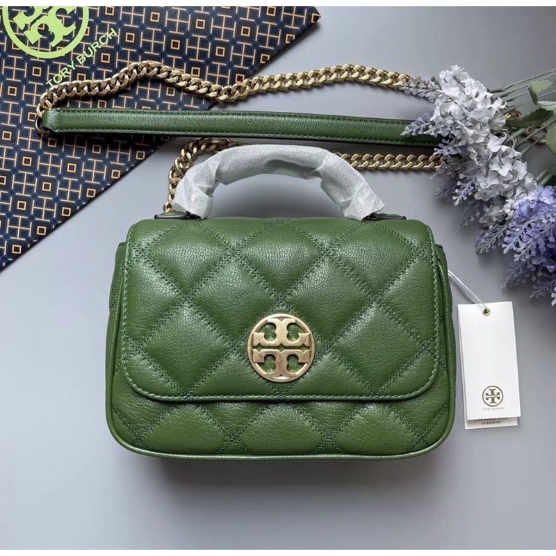 🎀 (สด-ผ่อน) กระเป๋า 8 นิ้ว หนังแกะ สีเขียว Tory Burch 82366 Willa Mini Top Handle Bag