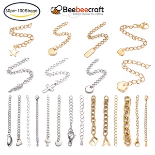 Beebeecraft สายโซ่สเตนเลส 304 สีทอง พร้อมจี้ สําหรับทําเครื่องประดับ DIY 30~100 เส้น ต่อชิ้น