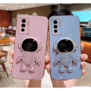 เคสโทรศัพท์มือถือซิลิโคน TPU แบบนิ่ม ลายนักบินอวกาศ ทรงสี่เหลี่ยม มันวาว พร้อมขาตั้ง สําหรับ VIVO V23e 5G V23e V21e V23 V21 5G V20 V17 Pro