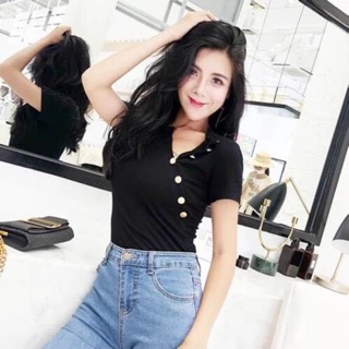 💜💜NO 14 เสื้อยืดแขนสั้น ติดกระดุมเฉียง อก30”-36”ยาว 21”สี ส้ม ชมพู ดำ