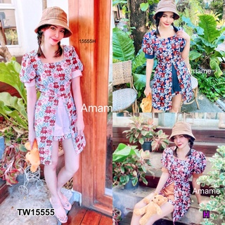 TW15555 Set เสื้อหมีแขนตุ๊กตา ผ่าหน้า พิมลายสวยมีสายผูกเอว + กางเกงขาสั้น