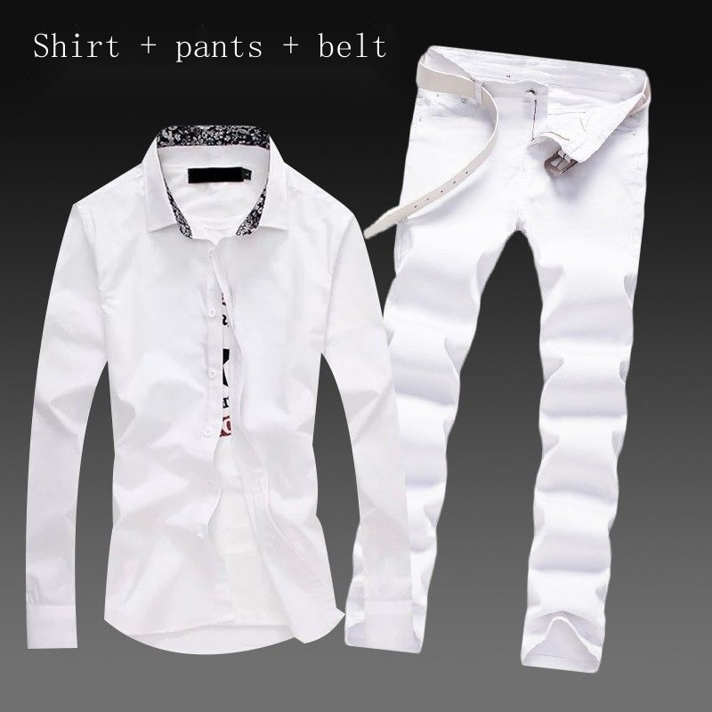 ﹉Three-piece new casual men s shirt and long pants denim suit Korean version trend solid color #4