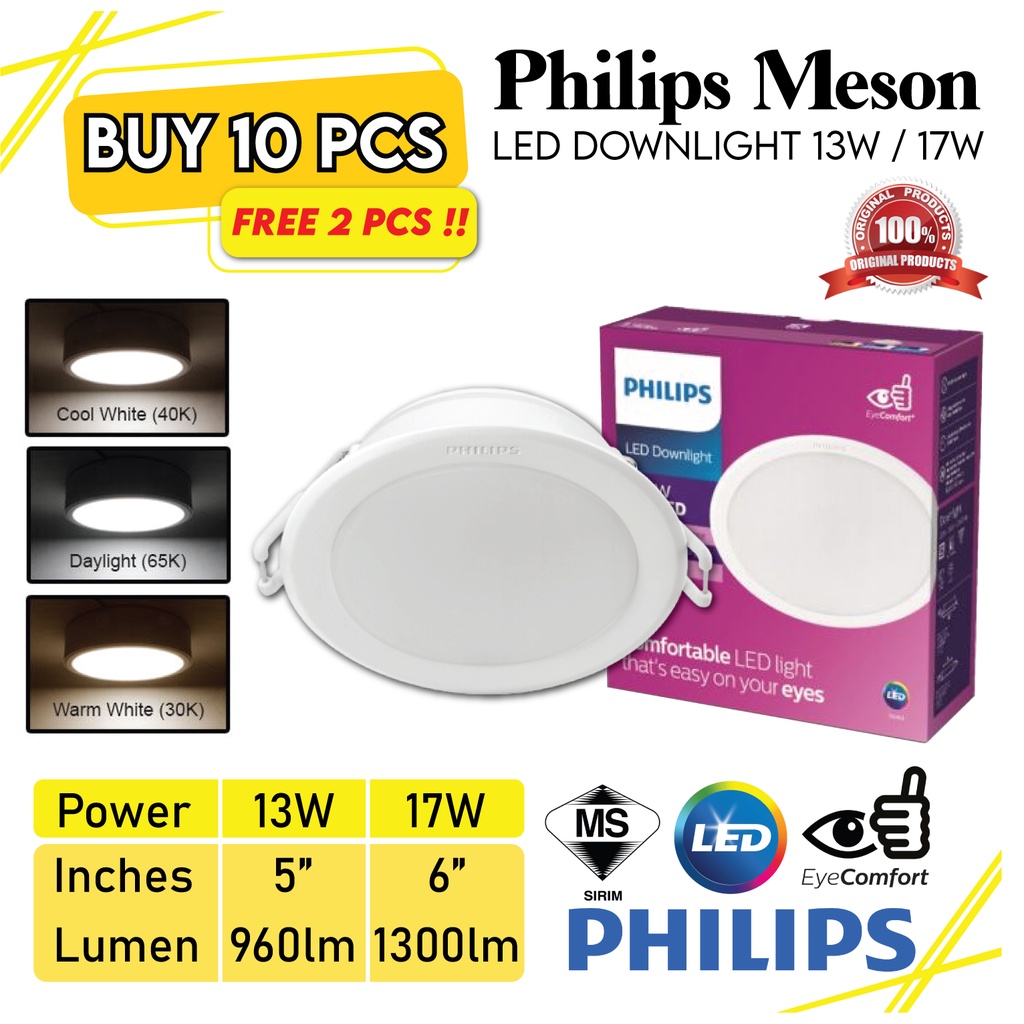 [SET 10 ชิ้น] ฟรีไฟดาวน์ไลท์ LED Philips Meson 5 นิ้ว 13W 6 นิ้ว 17W LED Philips Downlight 59466 59464 2 ชิ้น