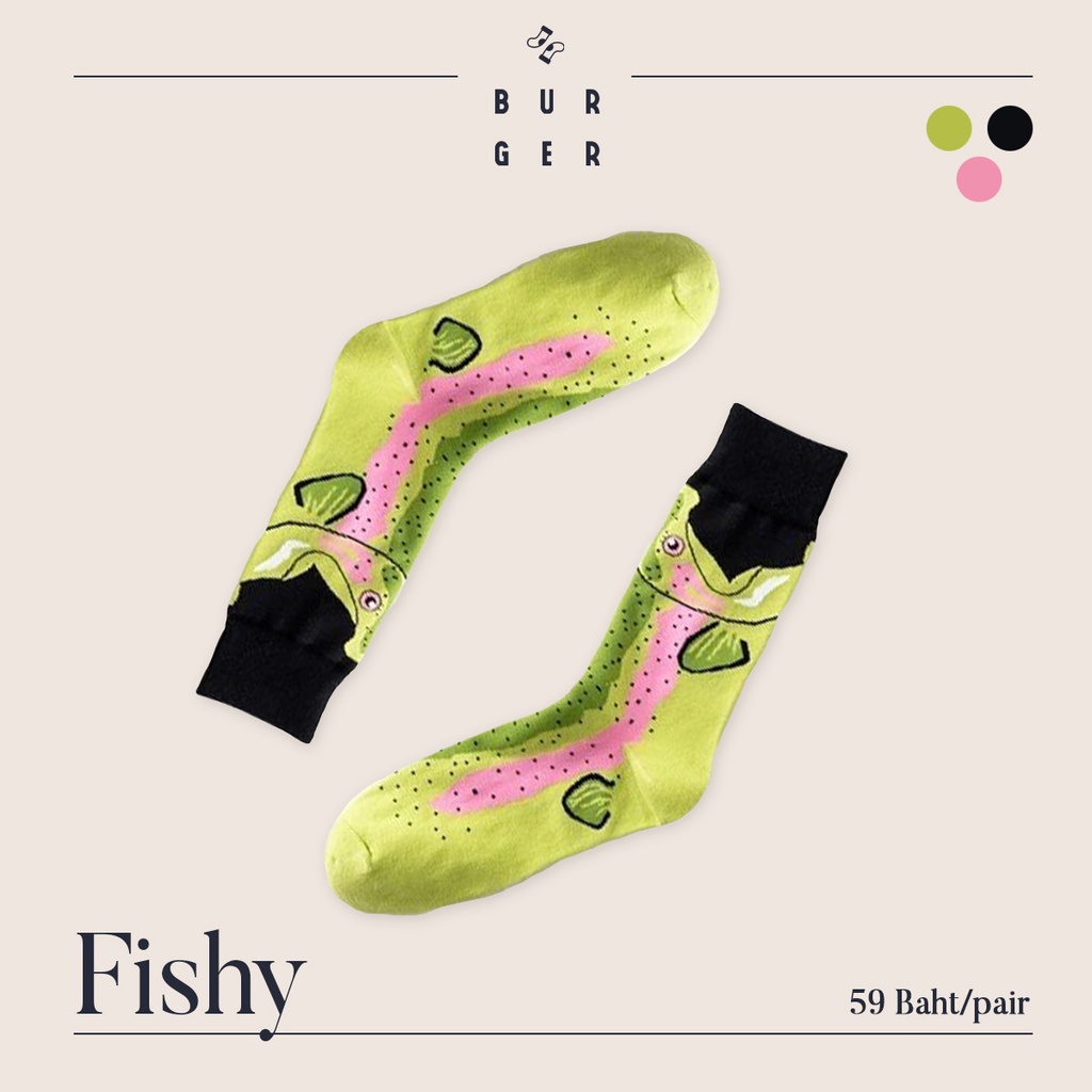 Fishy ถุงเท้าแฟชั่น สายอาร์ท ลายปลา ครึ่งแข้ง ราคาถูก คุณภาพดี