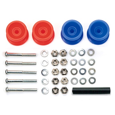 TAMIYA 15457 LOW FRICTION PLASTIC DOUBLE ROLLERS (RED & BLUE / 13-12mm)