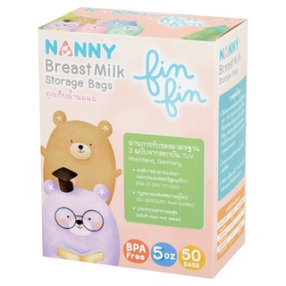 ✨นาทีทอง✨ แนนนี่ ถุงเก็บน้ำนมแม่ รุ่น ฟินฟิน ขนาด 5 ออนซ์ 50 ถุง Nanny Fin Fin 5oz Breast Milk Storage Bags 50 Bags