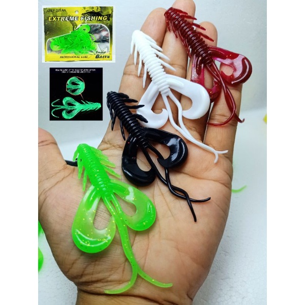 เหยื่อยางกุ้งนิ่มตกปลาช่อน10cm.3g. หางคู่พริ้วๆ หนวดยาว ยางนิ่มมากยืดได้2เท่า แพ็ค6ตัว