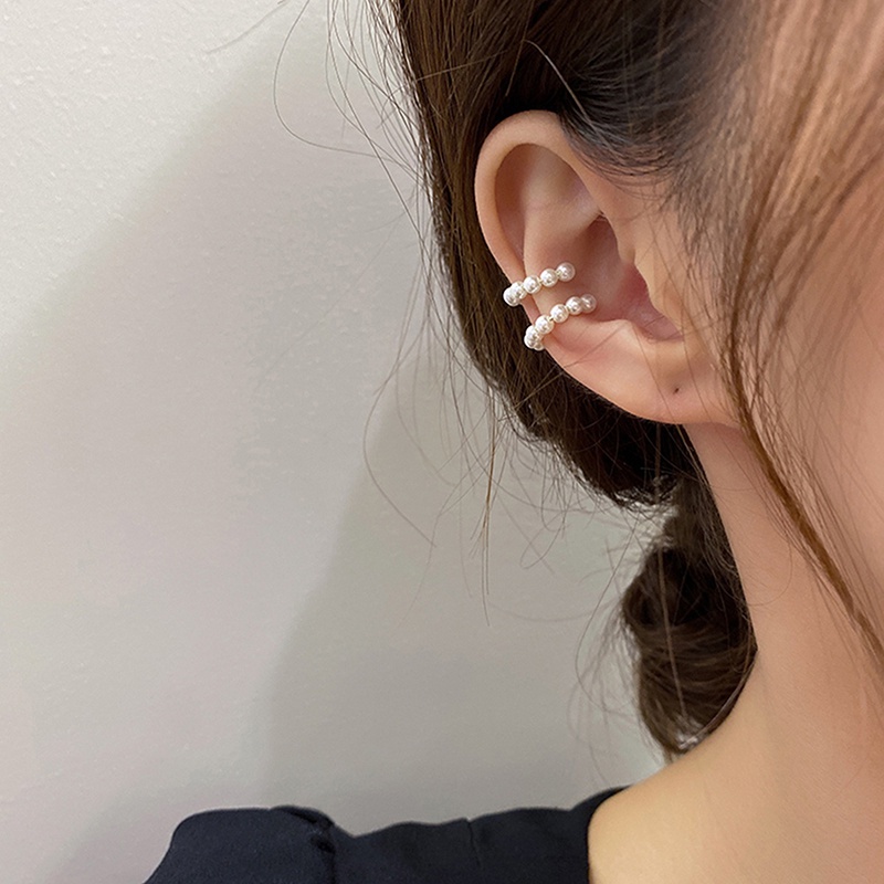 พร้อมส่ง ต่างหูแบบหนีบ รูปตัว C ประดับมุก สไตล์เกาหลี