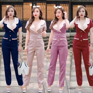 Set 2 ชิ้น เสื้อครอปปกหยัก + กางเกงขายาว MM17608 Set of 2 pieces: cropped top + pants