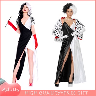 Cruella De Vil ชุดคอสเพลย์แม่บ้าน สีดํา สีขาว 2 สไตล์ สําหรับผู้หญิง ปาร์ตี้ฮาโลวีน