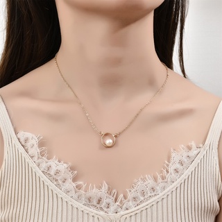 Imitation Pearl Pendant Necklace Geometric Simple Design Thin Necklace Collarbone Chain for Women Girl