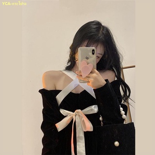 🥤คะนอง🥤French pure desire little black dress high-end one-shoulder velvet bow tie waist dress