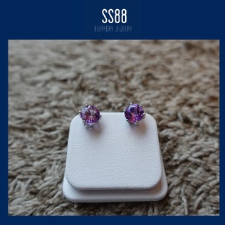 SS88Jewelry ต่างหูพลอย อเมทิส 8 มิล  ตัวเรือนทองเหลือง ชุบทองแท้ ฝังมือทุกเม็ด รูปถ่ายจากสินค้าจริง