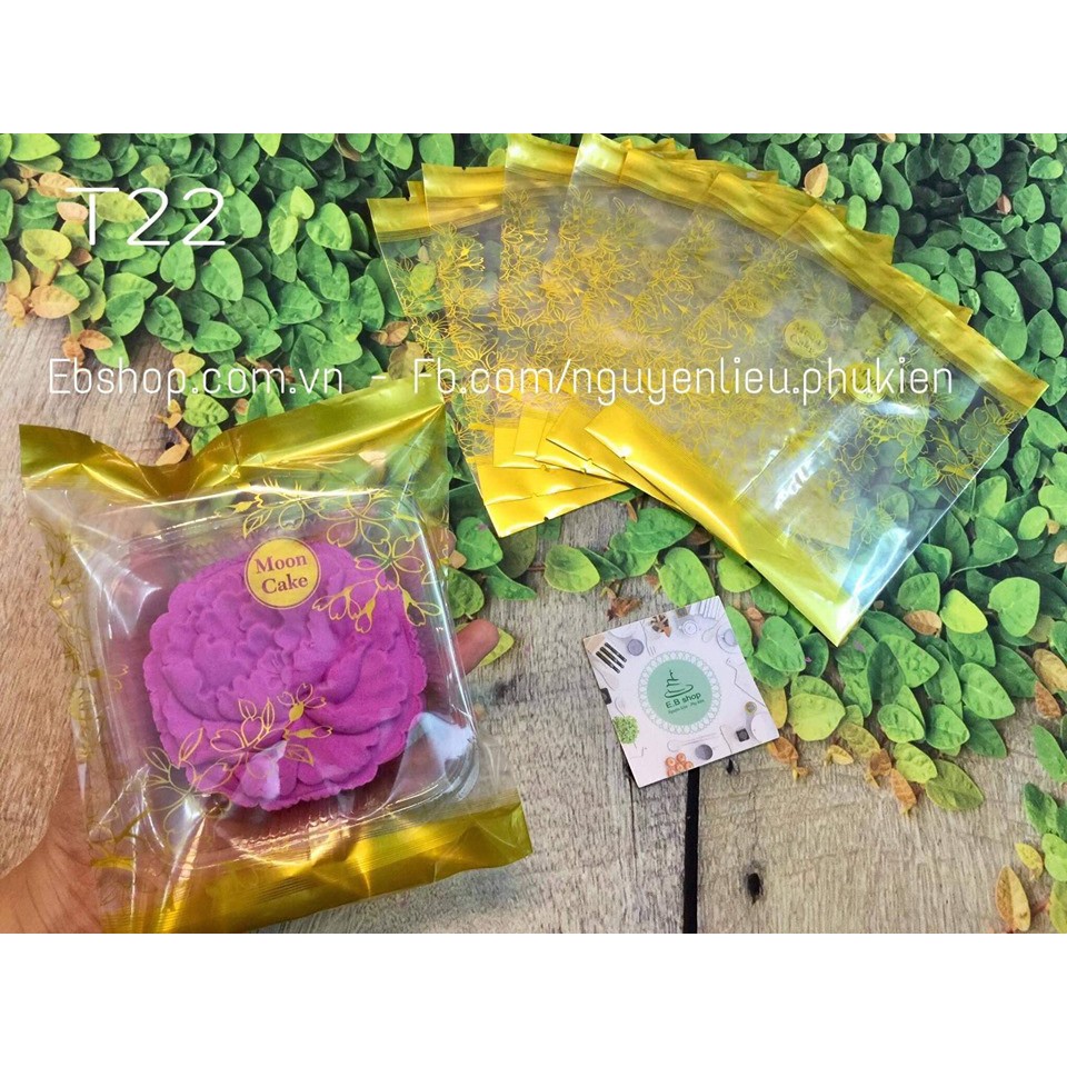 ชุดถุง 100 ใบ พร้อมถาด T22 กระเป๋าขอบดอกไม้สีเหลือง กระเป๋าขนมไหว้พระจันทร์ 200gr - 250gr