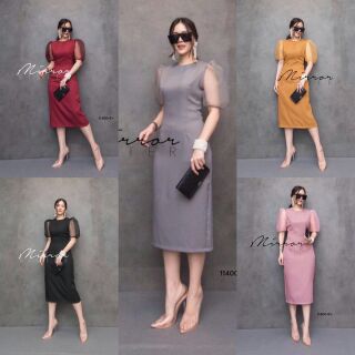 Dress เดรสสีพื้น แขนบอลลูนผ้าแก้ว ตัวเดรสงาน
