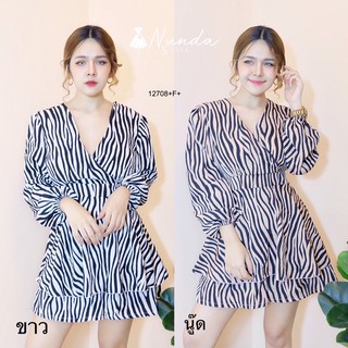 TwinsShopVip💗พร้อมส่ง TW12708 Jumpsuit ลายม้าลายคอวีไขว้แขนยาว