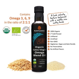 Rawganiq น้ำมันรวมโอเมก้า 3,6,9 สกัดเย็น KETO/ VEGAN (275ml) Organic Extra Virgin Omega Blend