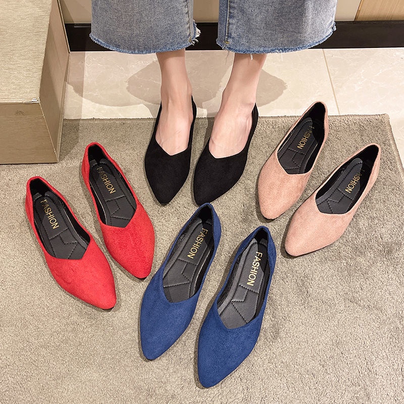 35-43 รองเท้าผู้หญิงขนาดใหญ่ใหม่ย้อนยุคเรียบง่ายสบายๆสีทึบนิ้วเท้าชี้สีดำมืออาชีพด้านล่างนุ่มทำงานรองเท้าทุกวัน