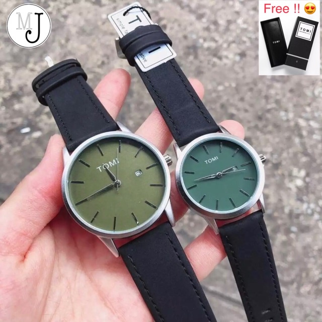 ดูคู่ นาฬิกาข้อมือ Casio ( ได้2 เรือน ตามรูป ) TOMI WATCH ของแท้ 100% นาฬิกาคู่สายหนัง Sale !!! (Black Green Color)