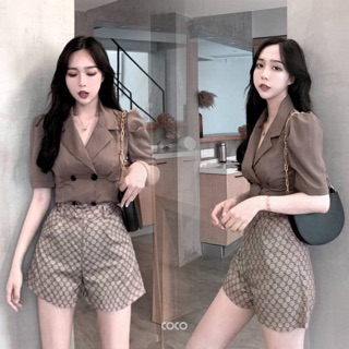 สาวอวบใส่ได้ เซ็ตเสื้อคอปก แมทกับกางเกงทอลาย มี  S - 4XL