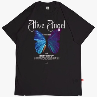 printเสื้อยืดแฟชั่นพิมพ์ลายAlive ANGEL GOODNESS เสื้อยืดลําลอง แขนสั้น พิมพ์ลายกราฟฟิคผีเสื้อ สีดํา สําหรับผู้ชาย -S-4XL