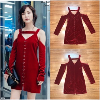 [เหลือ790.- ใส่โค้ดDETMAR150] Roselani เดรสกำมะหยี่สีแดงสายเดี่ยวเปิดไหล่แต่งห่วงกลมคล้องรูตาไก่ แพทเทิร์นเป็นทรงเข้ารูป