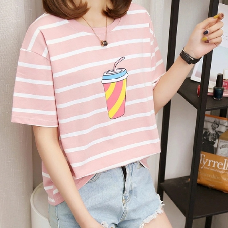 LH.Sunday🍀 เสื้อยืดลายแก้วน้ำปาร์ตี้สุดๆ เสื้อสีพื้นลายทางใส่คู่กับขาสั้นอย่างสวย - รูปที่ 6