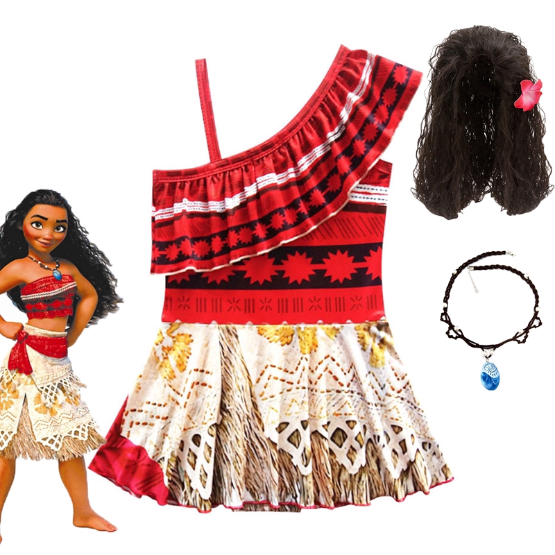 Kid Halloween Costume Moana Princess Girls Cosplay Fancy Dress Necklace Outfits Wig Set Gift Shopee Thailand