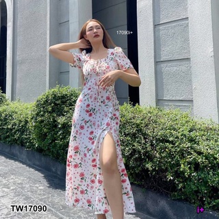 TwinsShopVip💗พร้อมส่ง TW17090 เดรสผูกโบว์ลายดอกไม้ผ่าหน้า Floral bow tie front slit dress