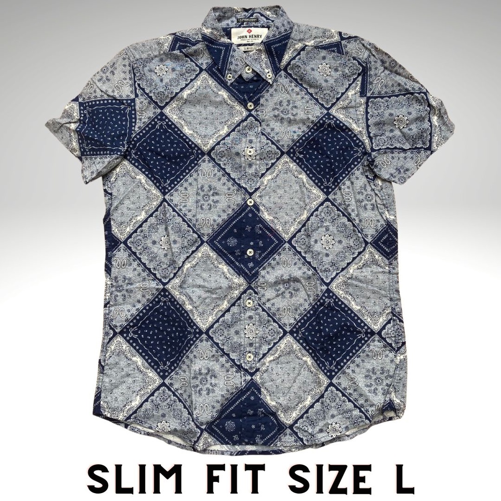 JOHN HENRY  Slim Fit  size L เสื้อเชิ๊ตแขนสั้นชาย ต่อลายสวย ทรงเท่ ๆ