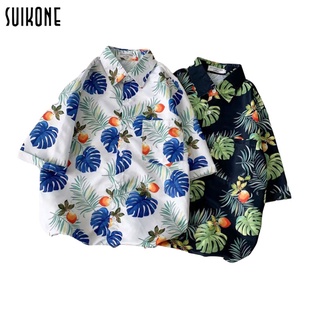 Suikone เสื้อเชิ้ตผู้ชาย ผู้ชายลายดอกไม้หลวมเสื้อฮาวายชายหาดกีฬากลางแจ้งแนวโน้มแขนสั้นนักเรียนแฟชั่นเสื้อฮาวาย