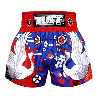 TUFF มวยไทย กางเกงมวยไทย สีน้ำเงิน ลายนก TUFF Muay Thai Boxing Shorts Blue Japanese Drawing Crane Birds