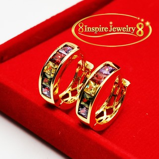 INSPIRE JEWELRY  ต่างหูห่วงฝังพลอยนพเก้าเรียงเม็ด สีทอง งานจิวเวลลี่  gold plated