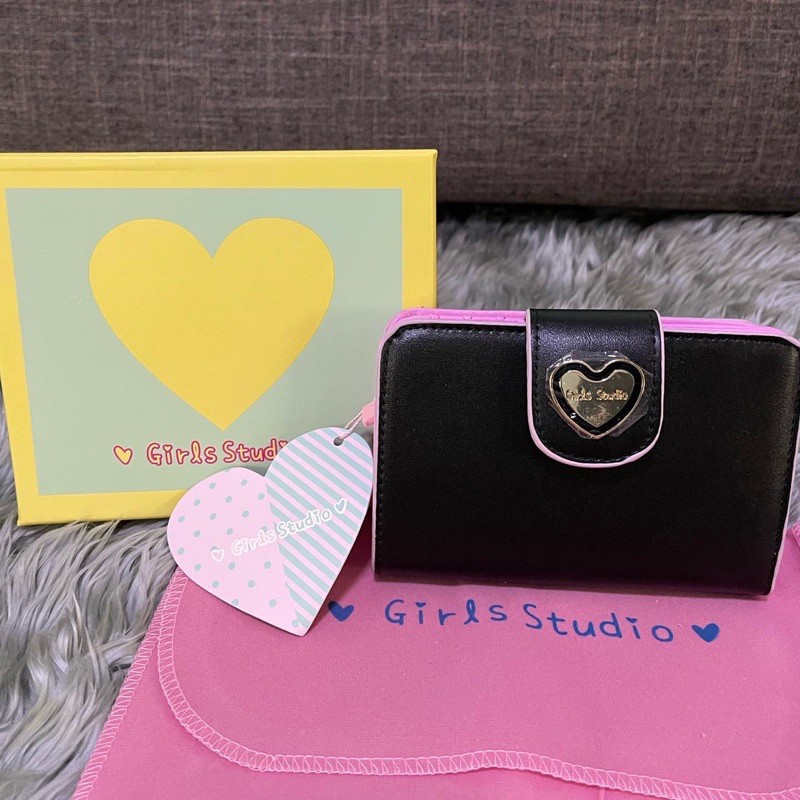 กระเป๋าสตางค์ใบกลาง แบรนด์แท้ Girls Studio สีทูโทนดำ-ชมพู