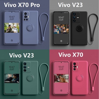 Liquid Silicone เคส Vivo V23 Soft Case เคสซิลิโคน With Ring Holder+Strap Vivo X60 X70 Pro Phone Cover Vivo V23 เคสโทรศัพท์ แบบนุ่ม