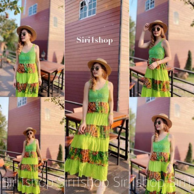 268 บาท เดรสสายเดี่ยว ชุดไปทะเล dress เดรสยาว สายเดี่ยว สีเขียวจี๊ดจ๊าด Women Clothes