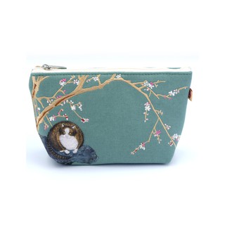 COSMETIC BAG - CAT AND RED PLUM BLOSSOMS (GREEN)