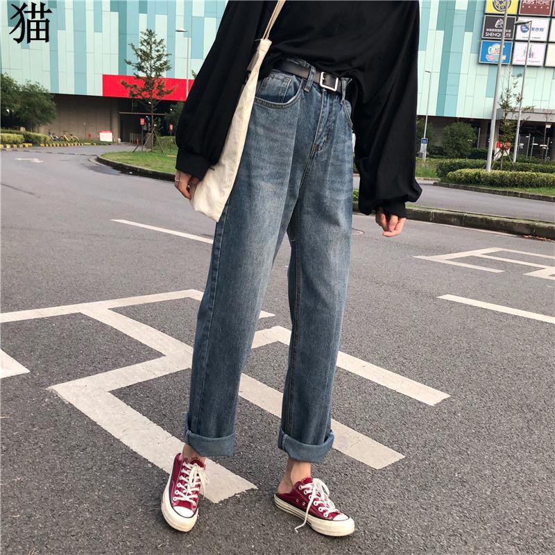 กางเกงยีนส์หญิง 2018 ฤดูใบไม้ร่วงรุ่นใหม่ของเกาหลีรุ่นเก๋ลมเอวสูงหลวมเป็นขายาวบา