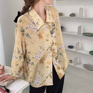 พร้อมส่ง 🧀 Chiffon flora shirt C1972 เสื้อเชิ้ตชีฟอง เชิ้ตชีฟองลายดอก