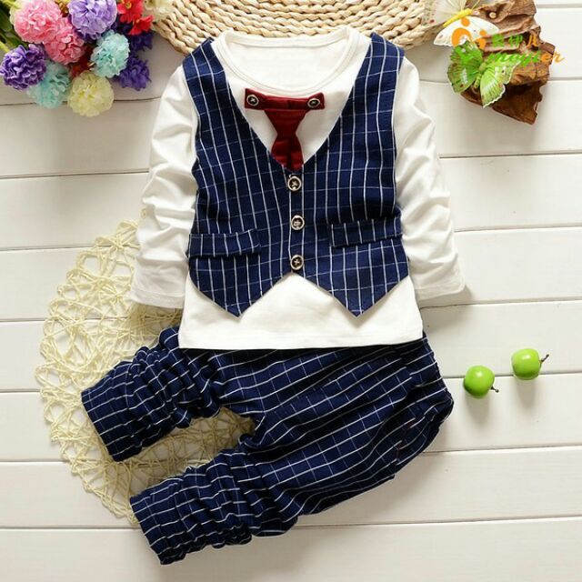 BC289 ชุดออกงานเด็ก เสื้อเนคไท เสื้อกั๊กเย็บติด + กางเกง *น้ำเงิน* (6-12ด/1ข/2ข/3ข/4ข)