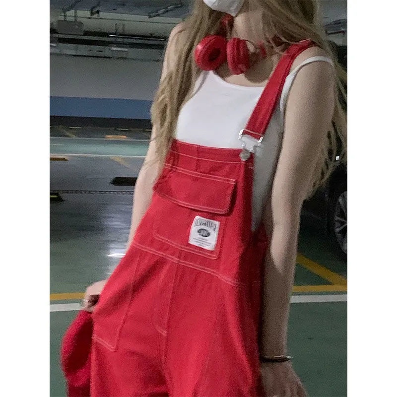 Hot sale！เอี้ยมหมีสีพื้น จั้มสูท แดงจั้มสูทขายาวแขนกุด เอี๊ยมเอวสูงหลวมสาย กางเกงผู้หญิงขาจั๊ม