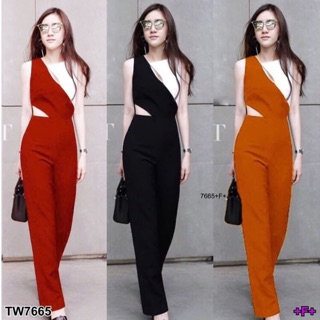 Jumpsuit ชุดจั้มสูทแขนสั้นขายาว แต่งด้านบนเป็นโทน 2 สีแต่งเว้าหน้าอกเล็กๆ