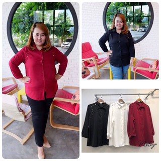 เสื้อผ้าคนอ้วน  เสื้อเชิ้ต แขนยาว ติดหมุดอะไหล่ทอง