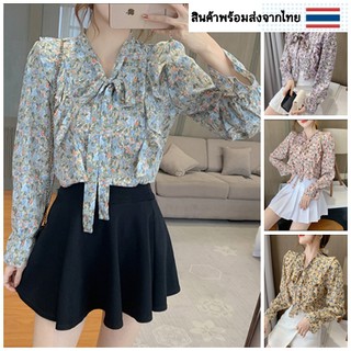 เสื้อเชิ้ตแขนยาวลายดอกตกแต่งระบายผูกโบว์ [NN28]